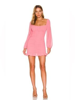 More To Come Petra Ruched Pink Mini Dress Chiffon Ruffle Long Sleeve Small New
